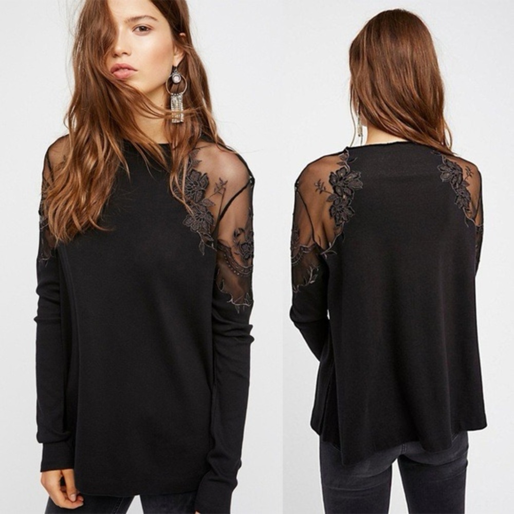 NWT Free People Daniella Black Ribbed Long Sleeve Top - split hem